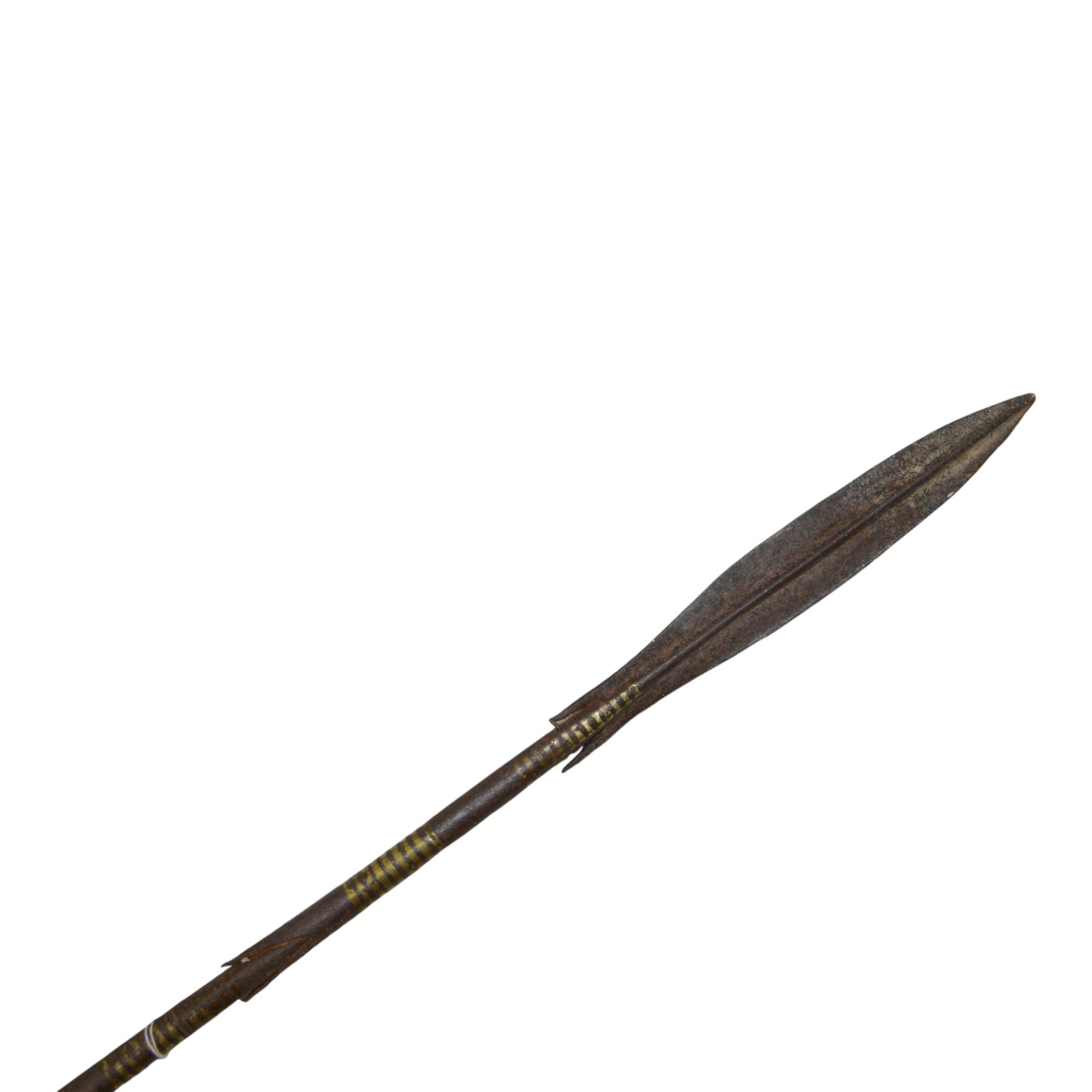 Tuareg tribe steel spear with inlaid brass work and a Northern Indian Naga barbed spear, longest L187cm 