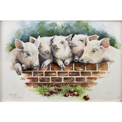 Lynne Jones (British Contemporary): 'Happy Pigs', watercolour signed 11cm x 16cm