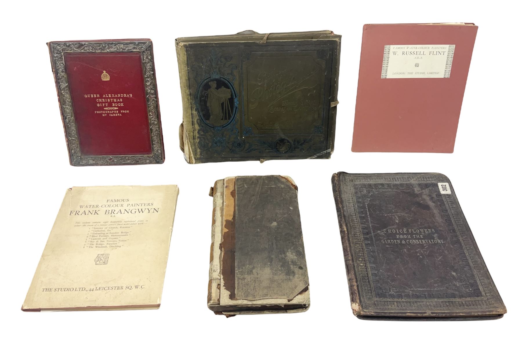 Queen Alexandra's Christmas Gift Book: Photographs From My Camera, Daily Telegraph, 1908, with silver mounted cover, the pierced frame modelled as flowers of The Union, hallmarked London 1908, no visible makers mark, Famous Water-colour painters I.-Frank Brangwyn, R.A., and II. W. Russell Flint, A.R.A., The Studio Limited, 1928, each with colour plates, John L Stoddard's Portfolio of Photographs of Famous Cities Scenes and Paintings, The Werner Company, etc., in one box 
