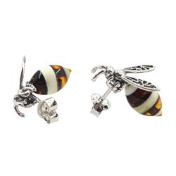 Pair of silver amber bee stud earrings, stamped 925