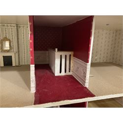 Modern scratch-built Palladian style wooden dolls  house as a 19th century double fronted two-storey property with simulated brick and stone walls under a removable simulated slate hipped roof; the triple hinged front elevation opening to reveal six rooms with central hall, stairs and landing L94cm H56cm D40cm