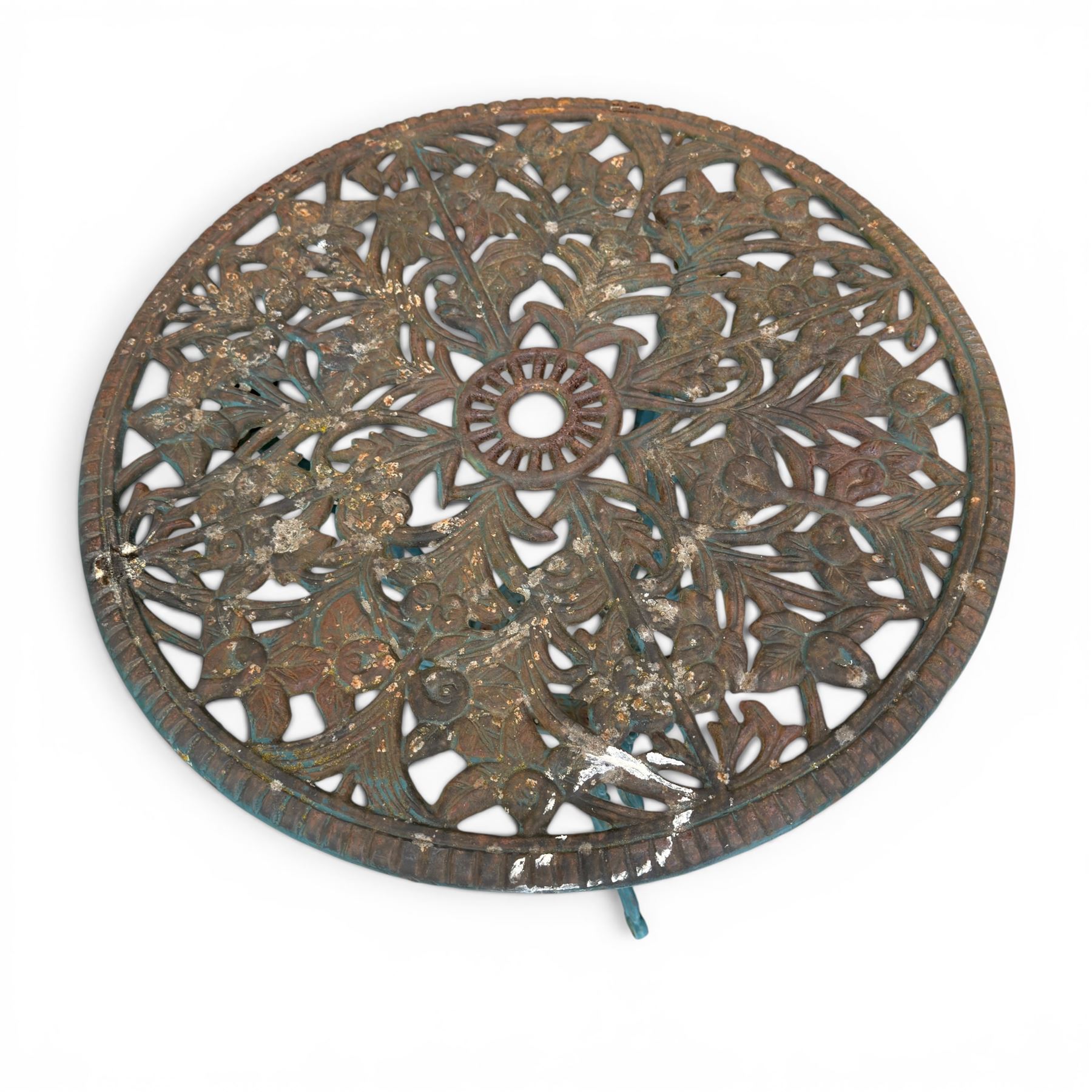 Cast iron garden table and four chairs, in the Art Nouveau style, with pierced floral and foliate decoration throughout, circular table raised on four cabriole legs with stretcher ring, chairs with shaped openwork backs and seats, in a weathered green finish