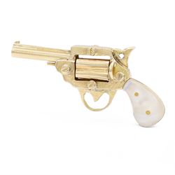Two gold pendants / charms including 16ct gold revolver with articulated barrel and mother of pearl grip and 9ct gold chrysoprase fob, London 1966