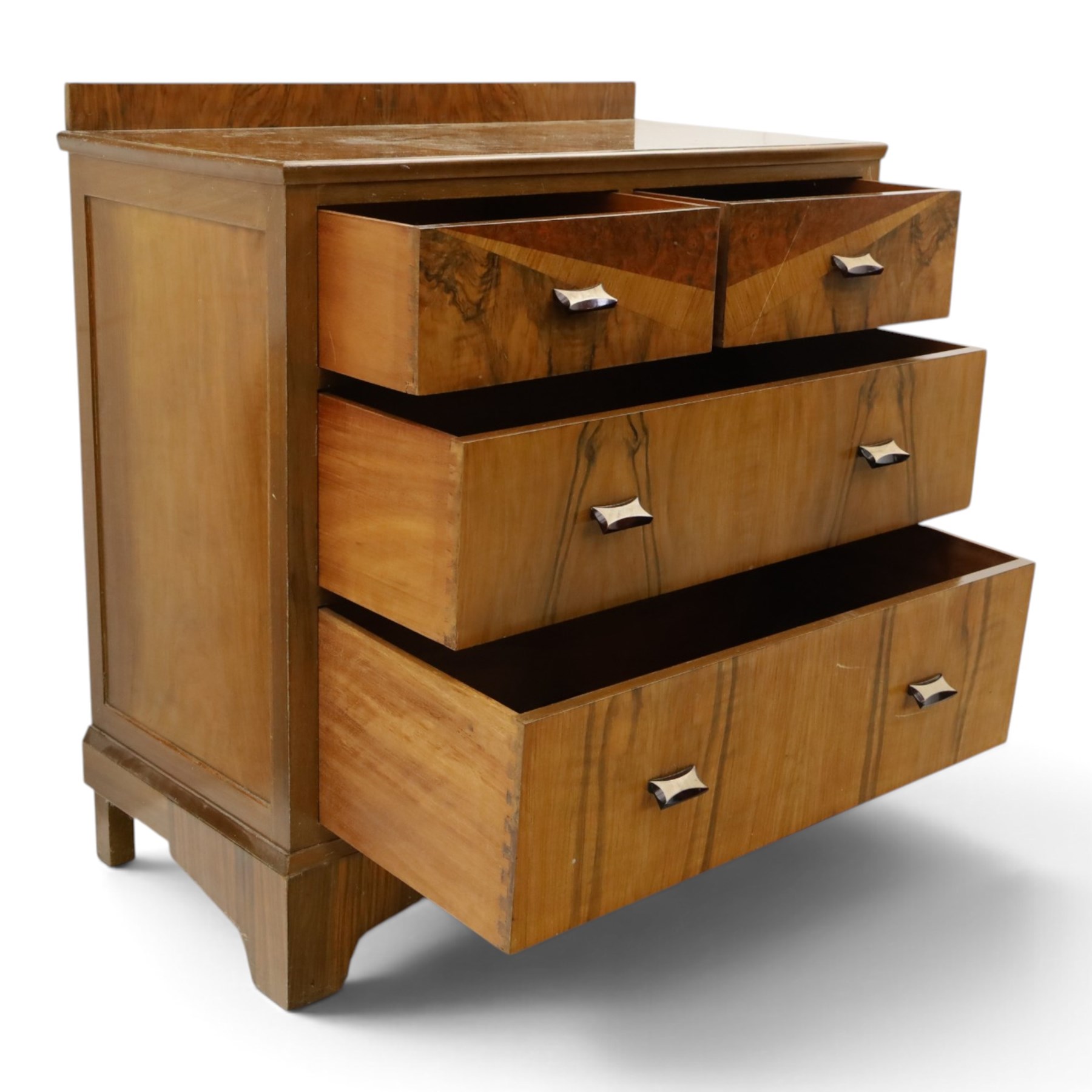 Art Deco figured and burr walnut chest, raised back over rectangular top, fitted with two short over two long drawers with decorative veneer and handles, on shaped bracket feet