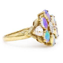9ct gold opal, morganite and diamond cluster ring, three single cut diamond chips surrounded by six oval cut opals and two trilliant cut morganites, Birmingham 2007
