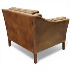Barker & Stonehouse - 'Dillon' armchair upholstered in brown leather, with stitched back and side cushions, raised on square supports wrapped in leather
