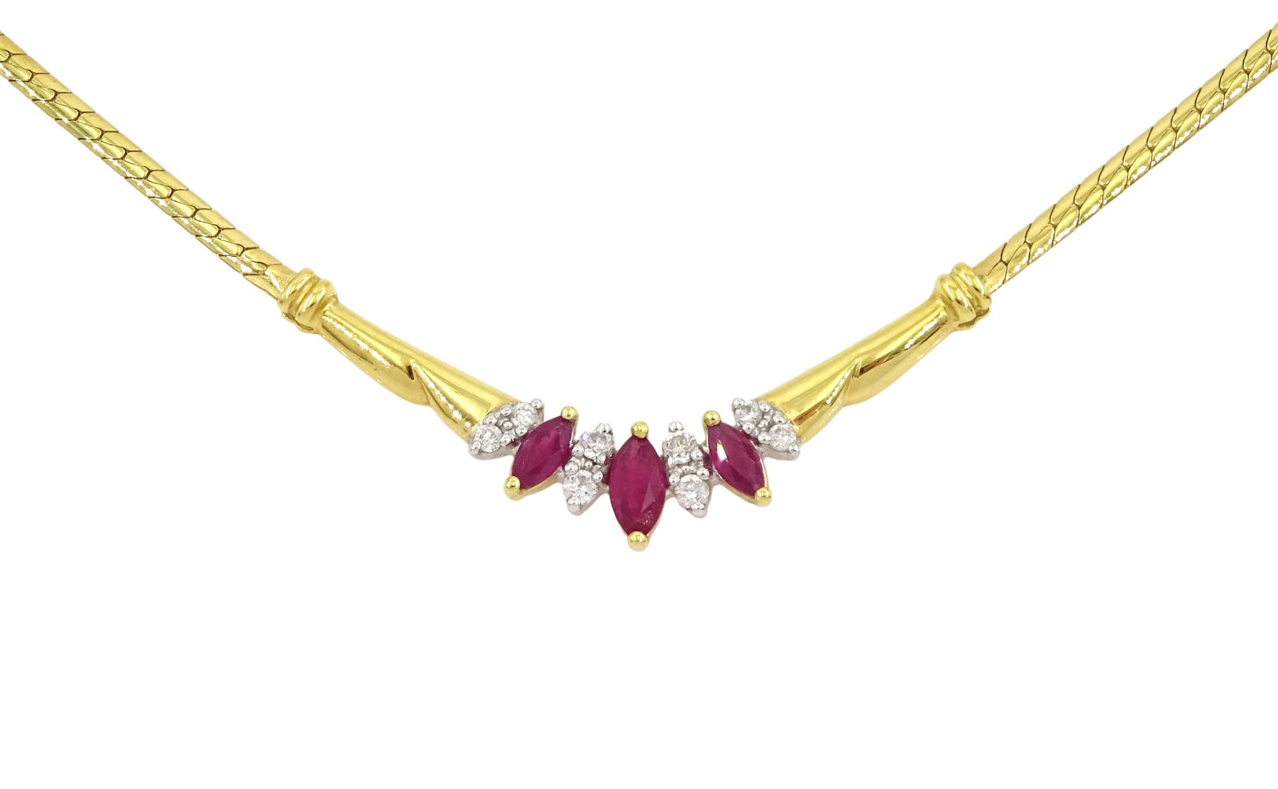 18ct gold marquise cut ruby and round brilliant cut diamond necklace, stamped