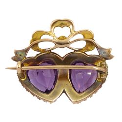 Victorian gold double heart shaped amethyst and seed pearl brooch, with pearl set bow top