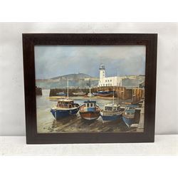 Don Micklethwaite (British 1936-): Scarborough Harbour with lighthouse, oil on board signed 39cm x 50cm
