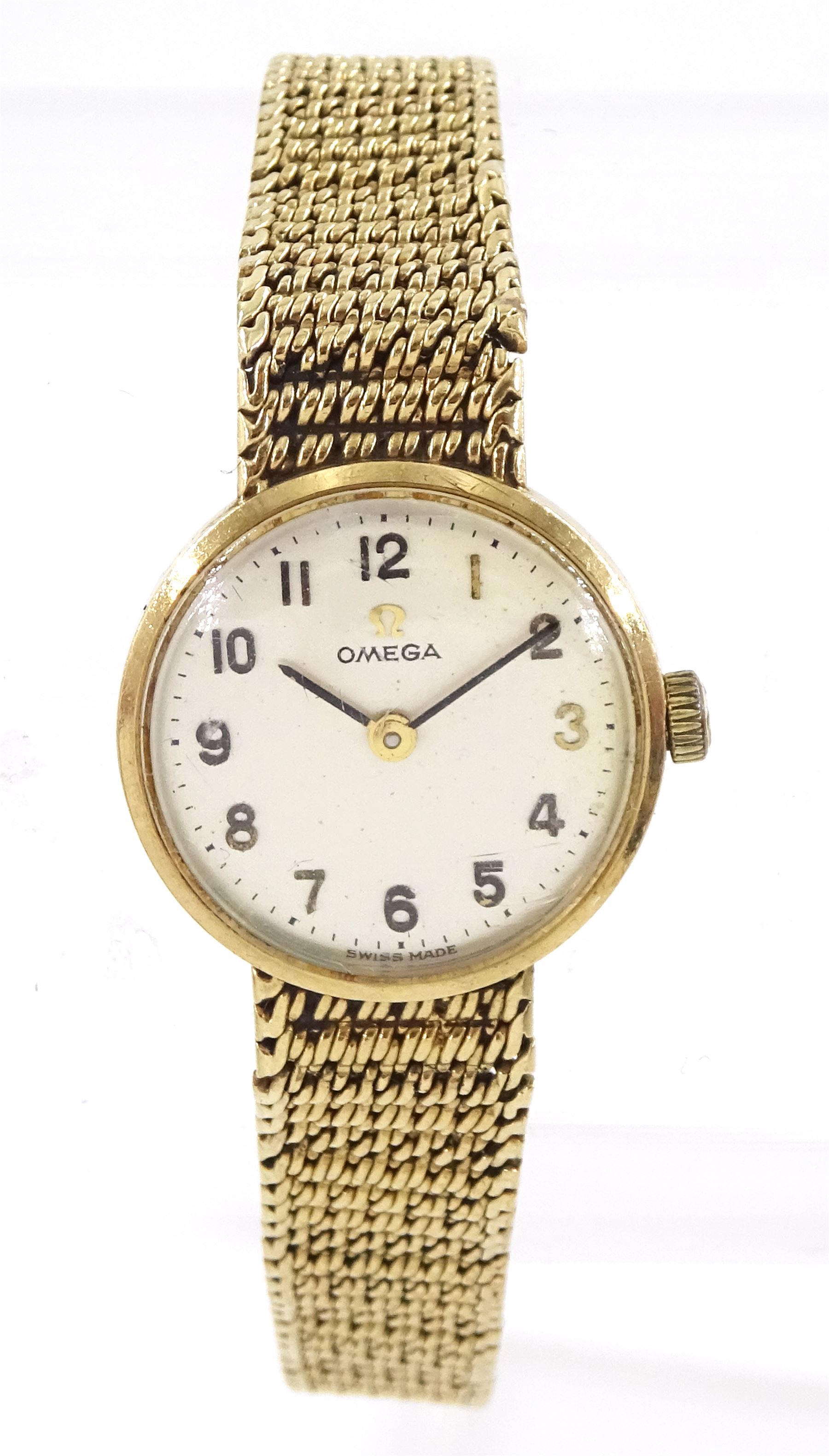 Omega ladies 9ct gold manual wind wristwatch, silvered dial with Arabic hour markers, back case engraved and hallmarked London 1966, on integral 9ct gold bracelet, hallmarked