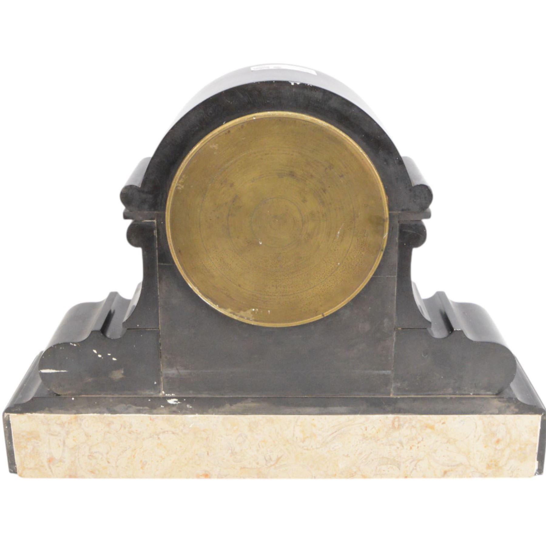 French- Belgium slate mantle clock c1880, drum movement case with voluted side supports and incised gilt decoration with contrasting panels of malachite inlay, two part enamel dial within a glazed cast brass bezel, with a visible Brocot escapement and cornelian pallets, Roman numerals and steel spade hands, twin train rack striking movement striking the hours and half-hours on a bell. With pendulum and key. 