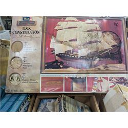 Collection of Revell military model building kits, including three USS Constitution examples, S-100 & Flak, German Submarine U99 and other similar model kits