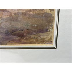 Charles Pigott (British 1860-1940): Driving Sheep in the 'Derbyshire Hills', watercolour signed, titled verso 25cm x 35cm; M Reid (British early 20th century): Ploughing, watercolour signed and dated 1920, 25cm x 36cm; together with a further unsigned landscape watercolour 16cm x 24cm (3)