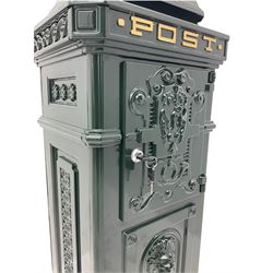 Victorian style cast aluminium green painted post / mail box, with keys
