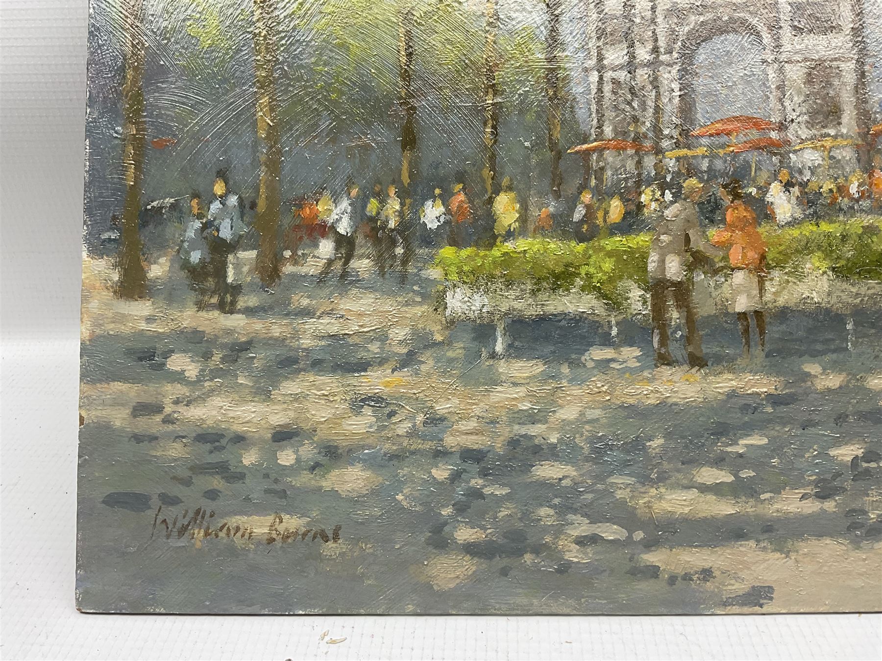 William Burns (Northern British 1923-2010): 'Meeting for Coffee - Champs-Élysées', oil on board signed, titled verso 30cm x 40cm (unframed) Provenance: Direct from the family of the artist. 
Notes: Born in Sheffield in 1923, William Burns RIBA FSAI FRSA studied at the Sheffield College of Art before the outbreak of the Second World War, during which he helped illustrate the official War Diaries for the North Africa Campaign, and was elected a member of the Armed Forces Art Society. On his return, he studied architecture at Sheffield University and later ran his own successful practice, being a member of the Royal Institute of British Architects. However, painting had always been his self-confessed 'first love', and in the 1970s he gave up architecture to become a full-time artist, having his first one-man exhibition in 1979.