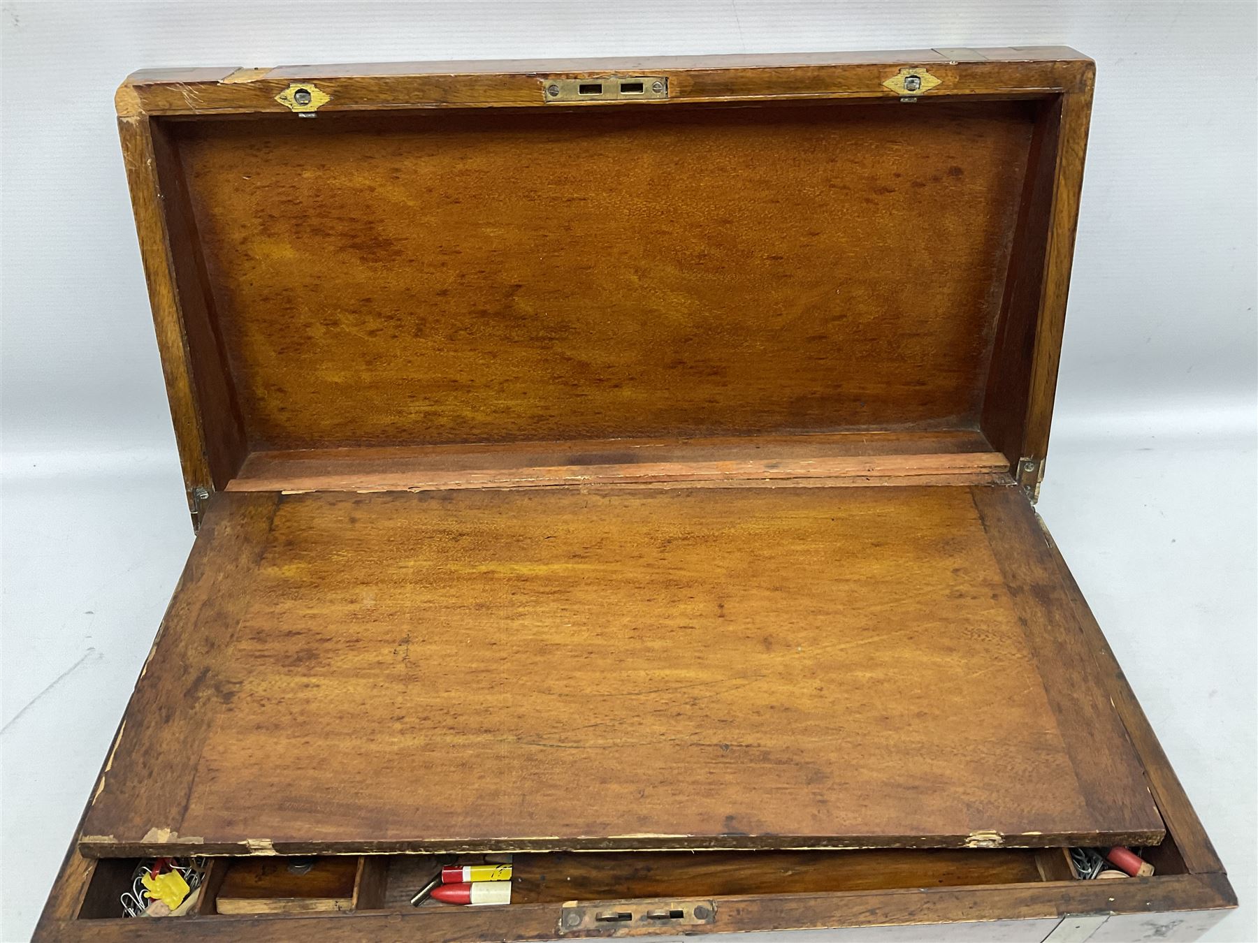 Mahogany brass bound writing box for restoration, the hinged lid lifting to reveal compartmented interior with folding slope, W50cm D25cm H18cm