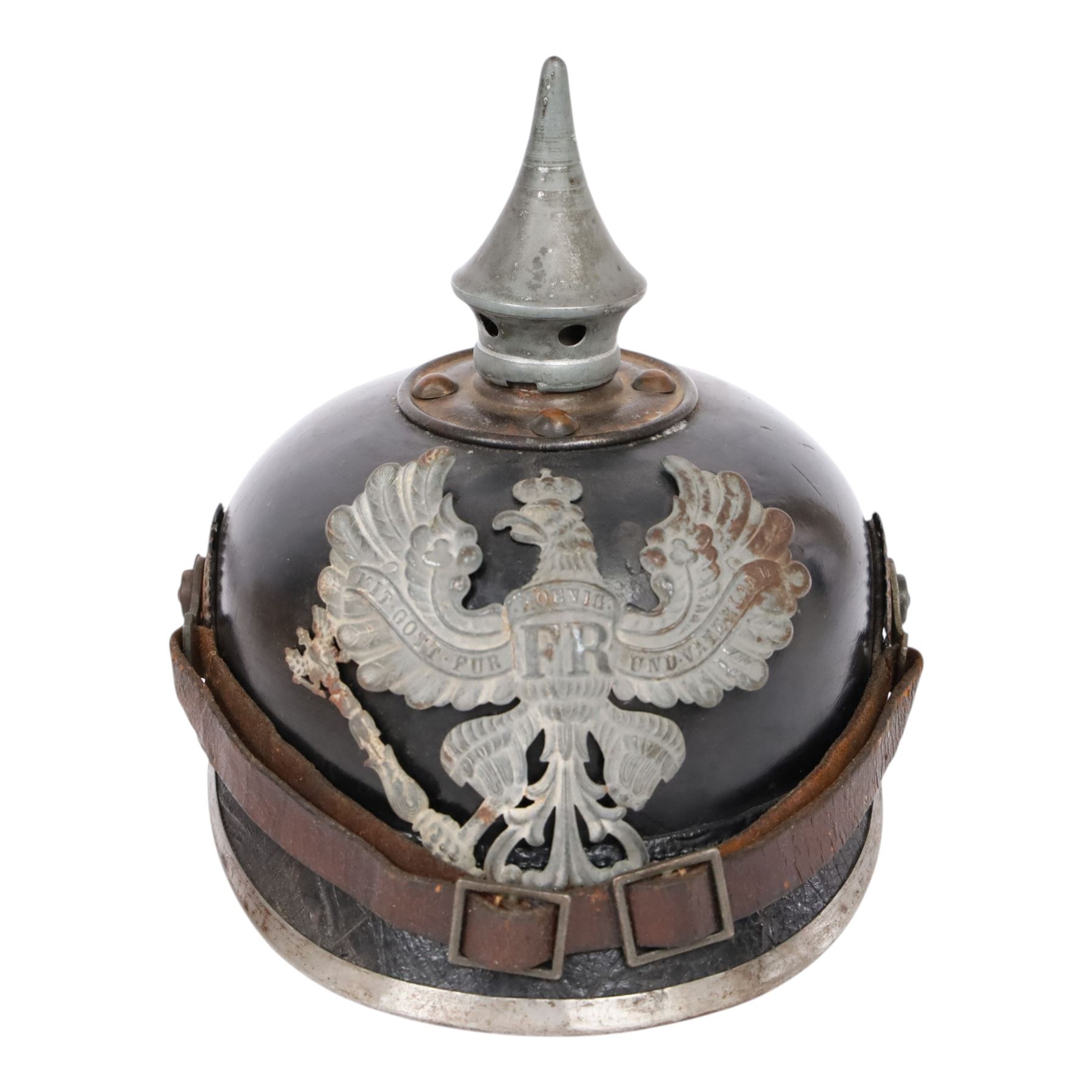WWI Prussian M1915 Pickelhaube, the black leather skull with removable steel spike finial, steel eagle helmet plate and leather chin strap, one side with a black cockade, the other black and red