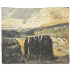 John Gilbey Bowles (British 1929-2011): A Cloaked Gathering, oil on board signed 58cm x 70cm
Notes: exhibited at Williamson Art Gallery, Birkenhead