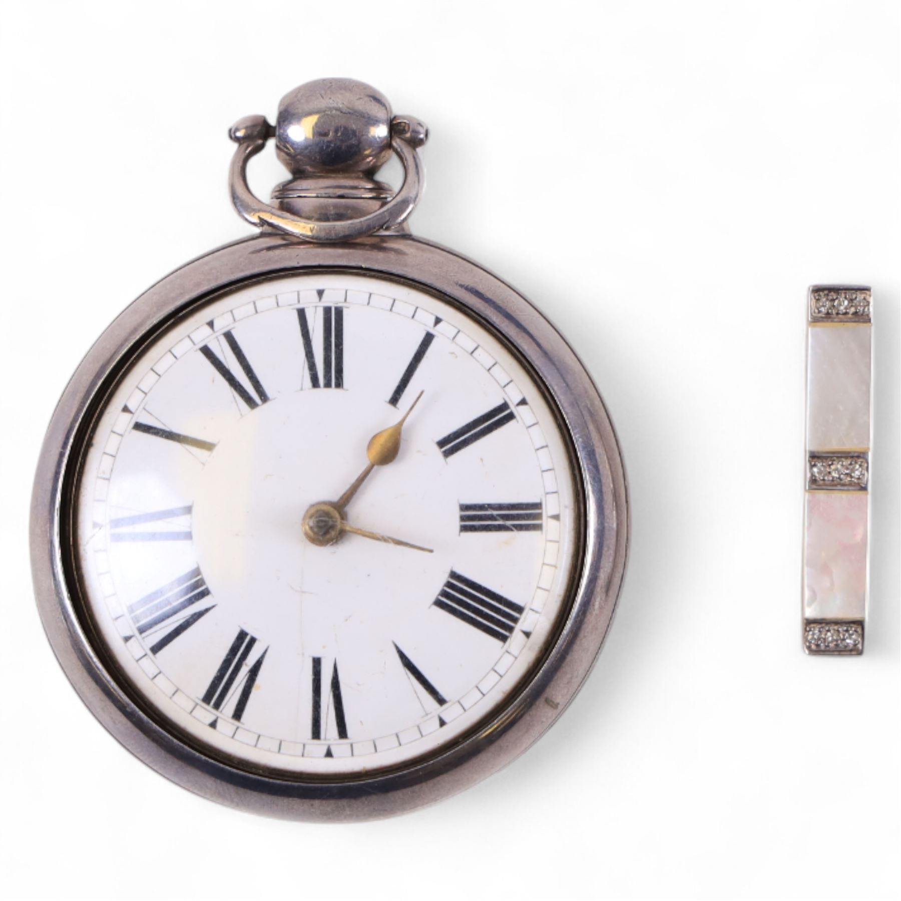 Silver cased open faced pocket watch, silver buckle bangle and a silver mother of pearl and marcasite pendant