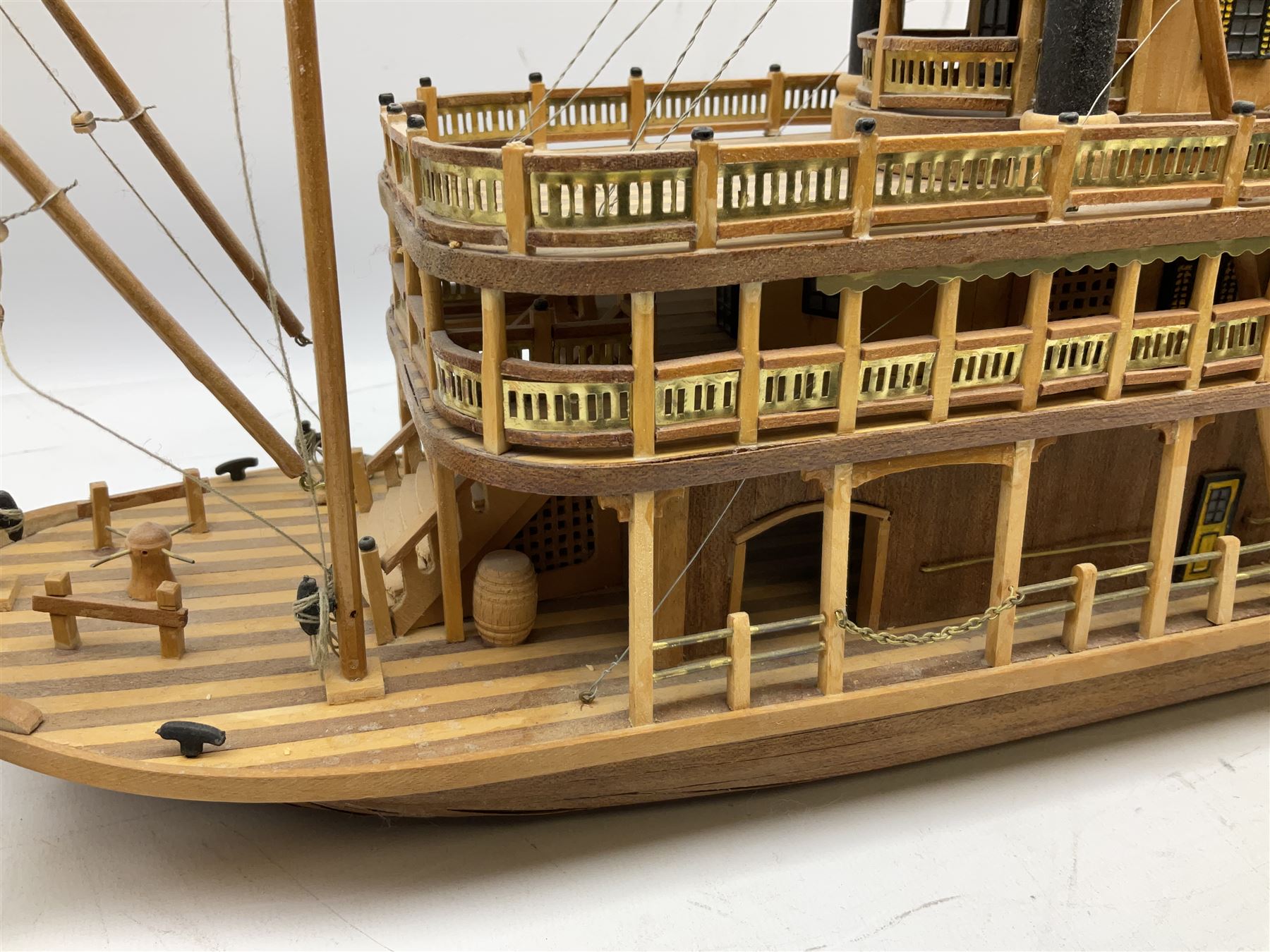 Hand built model of a river paddle steamer 'King of the Mississippi' and a sailing ship with three masts and unfurled sails, largest example H80cm, L101cm