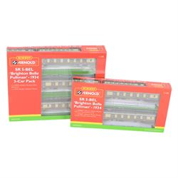 Two Hornby Arnold 'N' gauge SR 5-BEL car packs, comprising HN3500 Brighton Belle Pullman 1934 3-Car Pack and HN3000 Brighton Belle Pullman 1934 2-Car Pack, both boxed