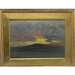 Joseph Arthur Palliser Severn RI ROI (British 1842-1931): 'Sun Effect over Walna Scar Coniston', gouache signed and dated 1906, titled on exhibition label verso 35cm x 52cm 
Provenance: exh. Royal Institute of Painters in Water Colours, label verso 
Notes: Arthur Severn came from a prominent artistic family, with his father Joseph, brother Walter and sister Mary also being painters. He was a good friend of the art critic John Ruskin, marrying his niece Joan Ruskin Agnew in 1871. From 1881 Joan and Arthur joined Ruskin at his house 'Brantwood' on Coniston Water, near where the present work was painted, for the last thirty years of Ruskin's life; the house was left to the Severns on Ruskin's death in 1900.