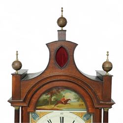 Patrick Forrester of Hull-early 19th century 8-day oak and mahogany longcase, c1830, With a pagoda pediment and three matching ball and spire finials, break arch hood door beneath flanked by reeded pilasters with brass capitals, trunk with canted corners and a full length break arch topped door with crossbanding, on a square plinth with an applied moulding to the base, fully painted dial with matching spandrels and a scene of a huntsman to the arch, with Roman numerals, fifteen minute Arabic's, stamped brass hands, seconds dial and date aperture, dial pinned via a falseplate to a rack striking movement, striking the hours on a bell. With key, weights and pendulum.   A good example of this refined design of case popular in the East Riding of Yorkshire and London, the hood is of particularly good proportions.
Patrick Forrester is listed as working in Hull 1813-1840, also as a Jeweller and Goldsmith.         