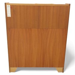Parker Knoll - teak bureau, sloped fall front enclosing fitted interior, over two short drawers and two panelled cupboard doors