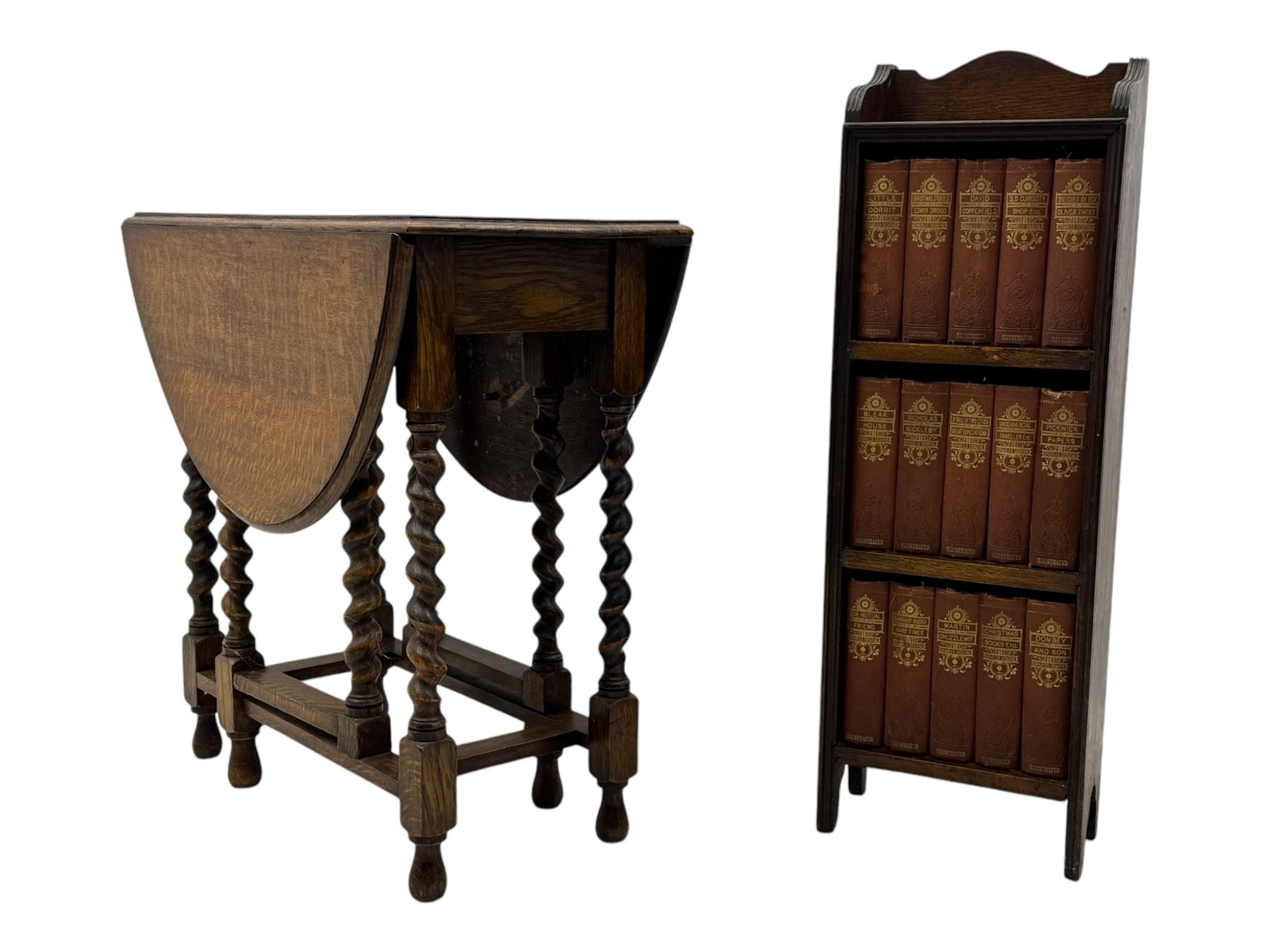 20th century oak barley twist gateleg table (W78cm); early 20th century narrow oak bookcase with Charles Dickens novels (W31cm, H93cm) 