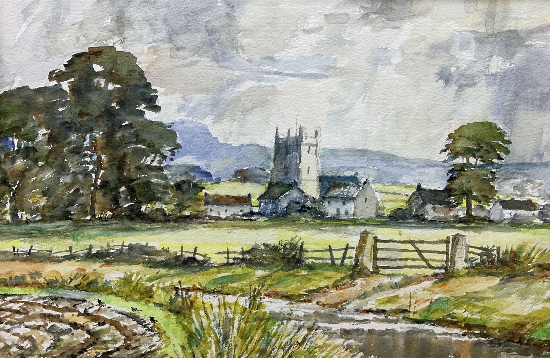 Ken Johnson and Sheila Johnson collection (British 20th century): 'Lincolnshire Landscape - Tetford', watercolour, Moorland and Dales Landscape, pair oils on board signed, The River Esk and Yorkshire Village, two oils on board the latter signed, Ancient Tree with Bluebells and 'Reflection - Northumberland', two watercolours signed (7)