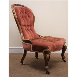  Victorian mahogany framed nursing chair, upholstered in a deep buttoned fabric, cabriole legs, W61cm  