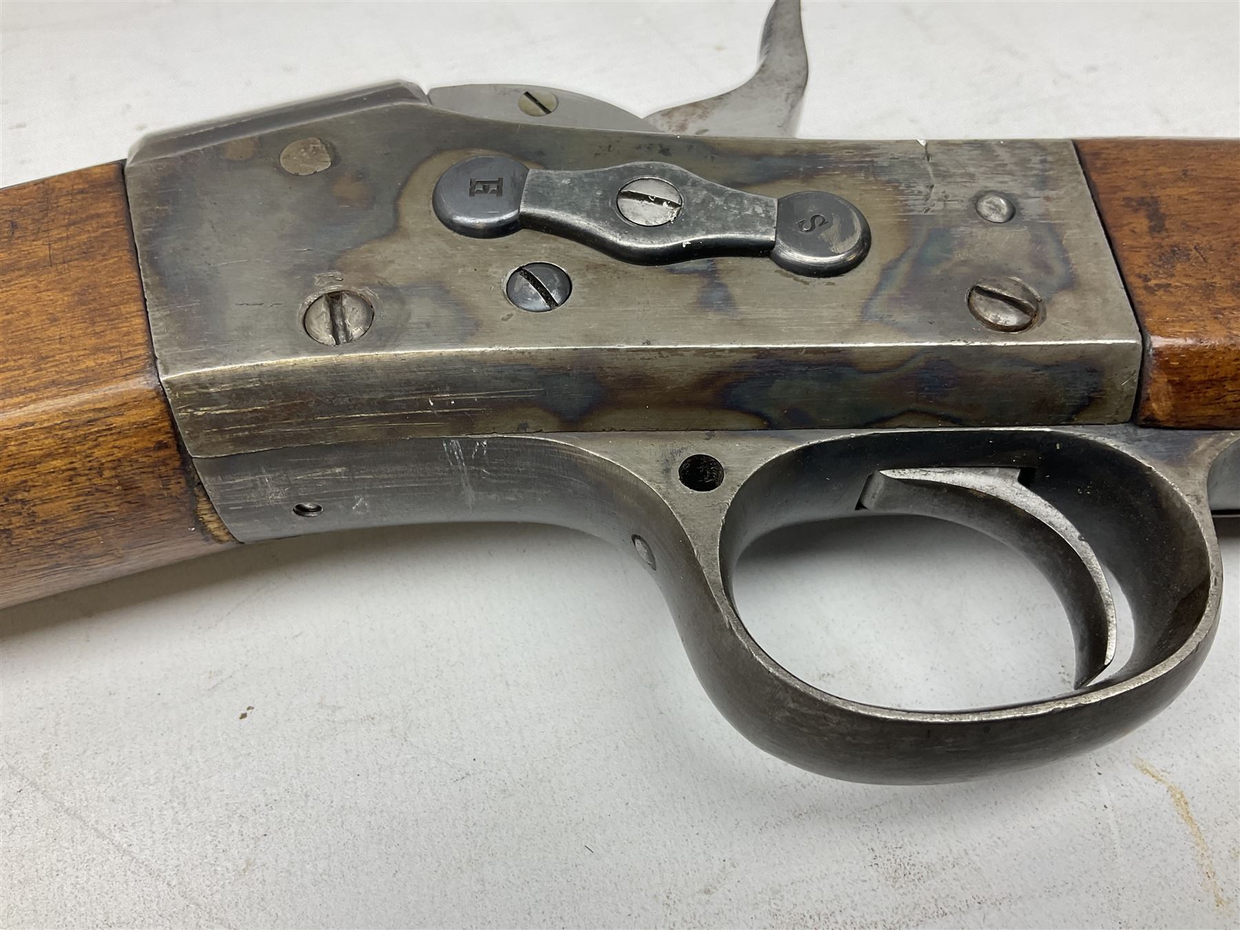 19th century Swedish Remington 8 by 58mm rolling block single action sporting rifle, dated 1888, with 82.5cm barrel marked with a Swedish crown and J.B. G.M., serial no.9775, L124cm FIREARMS CERTIFICATE REQUIRED OR RFD