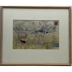 Jacqueline Rizvi NEAC (British 1944-): 'Study for a Three-Fold Screen, Leaves to Birds', watercolour and bodycolour on cream toned paper signed with initials and dated '05, 27cm x 42cm
Provenance: exh. Alpha House Gallery, Sherborne, Dorset; with The New Academy of Arts Gallery, London, labels verso