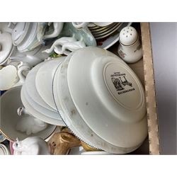 Set of four contemporary Mosa Holland tiles, three further tiles, Grayshott pottery clock, motto ware teacup and saucer, jug and mug, Royal Albert Old Country Roses, Chinese mud men figures, Spode etc and Quantity of ceramics and glassware to include art glass vase, Royal Grafton, Royal Doulton and Colclough dinner wares, Poole, copper lustre, vases etc in six boxes