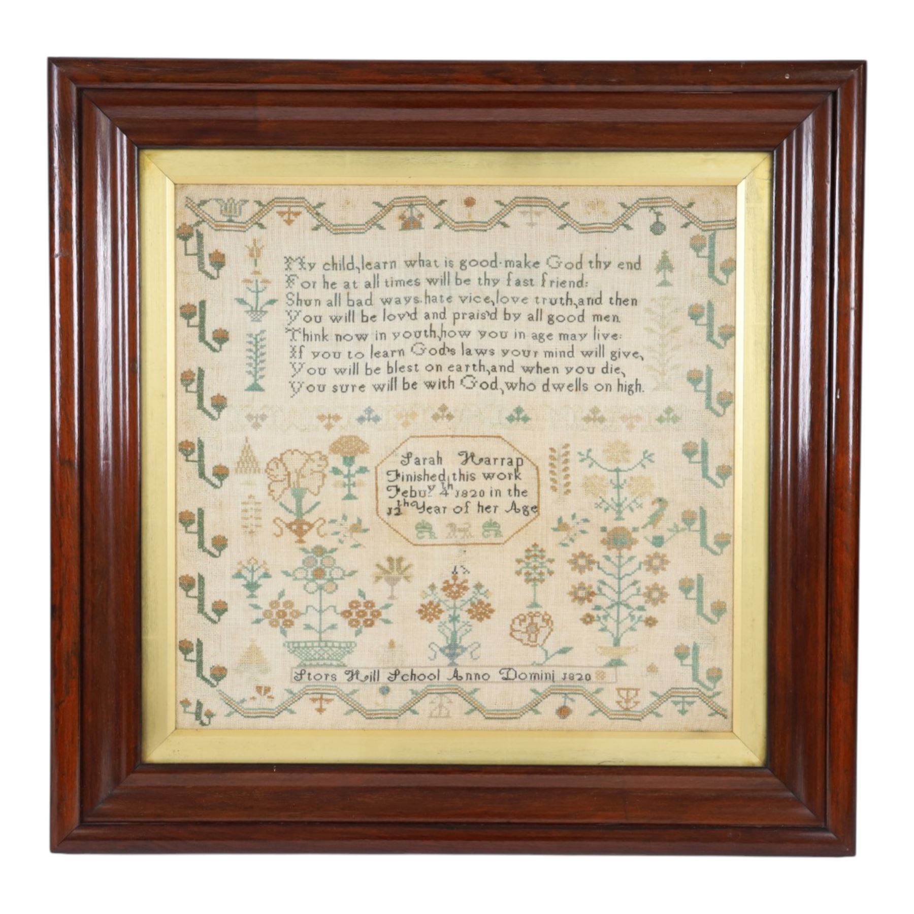 Early 19th century verse sampler, by Sarah Harrad and dates February 4th 1820 worked with verse above flower motifs, within a flowering vine border, including frame H62cm, W63cm