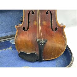 Late 19th century French three-quarter size 'Conservatory' violin with 34cm two-piece maple back and ribs and spruce top, the peg box inscribed 'Conservatory Violin Straduari', bears label 'Antonius Stradiuarius Cremonensis Faciebat Anno 1721' L55.5cm overall; in ebonised wooden 'coffin' case