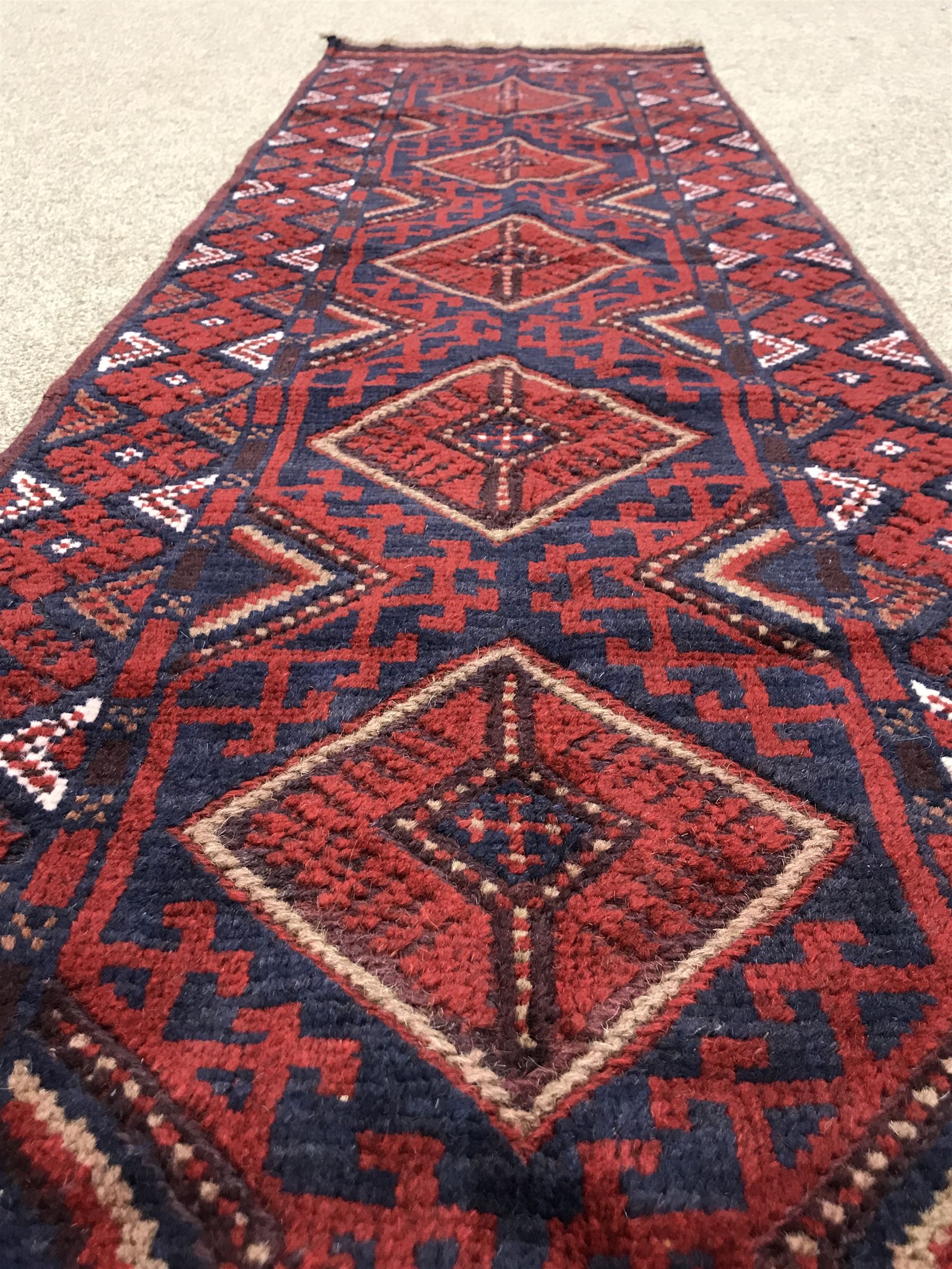 Meshwari red and blue ground runner, diamond pattern field