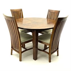 Circular hardwood extending dining table (H78cm, D120cm - L160cm), and set four dining chairs 