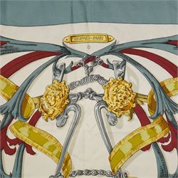 Hermes 'Le Mors A La Conetable' silk scarf, in the blue red and gold colourway, designed by Henri d'Origny, 88cm x 88cm