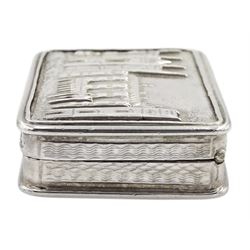 Early/mid 20th century silver 'castle top' vinaigrette, of rounded rectangular form with engine turned sides and base, the hinged lid decorated in relief with a view of Newstead Abbey, opening to reveal a gilt foliate pierced grille, hallmarked Nathaniel Mills, other marks worn and indistinct, approximate weight 24 grams