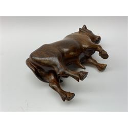 Ann Baxter (British b. 1969): a carved wooden model of a Bull, signed beneath A.W. Baxter, L22cm x H14cm 
