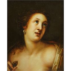 Follower of Gortzius Geldorp (Flemish 1553-1618): The Death of Lucretia, 18th century oil on canvas unsigned 48cm x 37cm
Notes: portrays the moment just before Lucretia's tragic suicide by dagger (note the hilt in her hand). The painting bears a remarkable similarity in composition to Geldop's Venus; additionally, the work also highlights the pearl earring of Lucretia, a signature inclusion of Gortzius to showcase wealth and symbolic elements. 