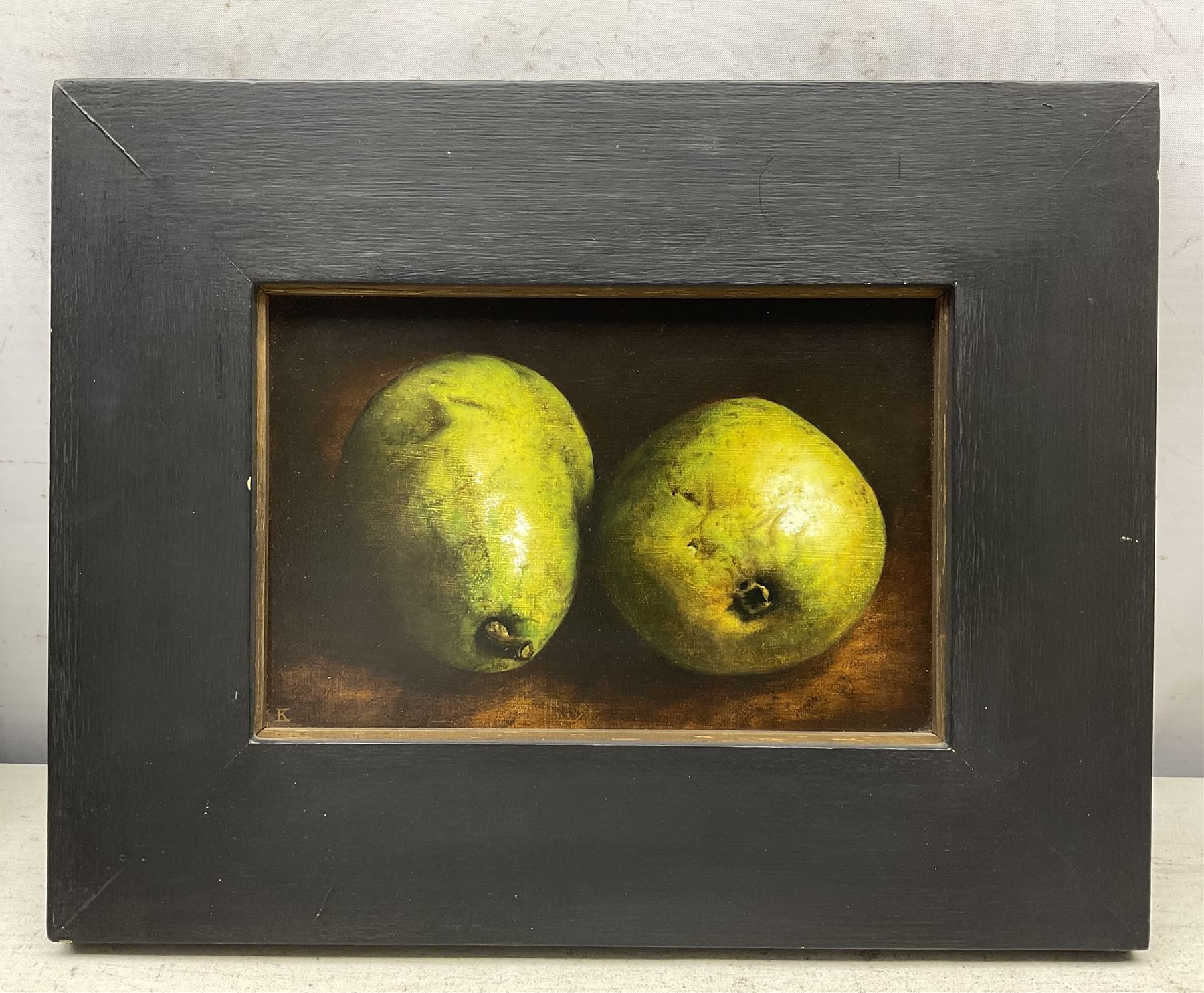 Elisabeth Klein (Contemporary): Pears and Redcurrants, two oils on board signed with monogram, max 13cm x 21cm (2)