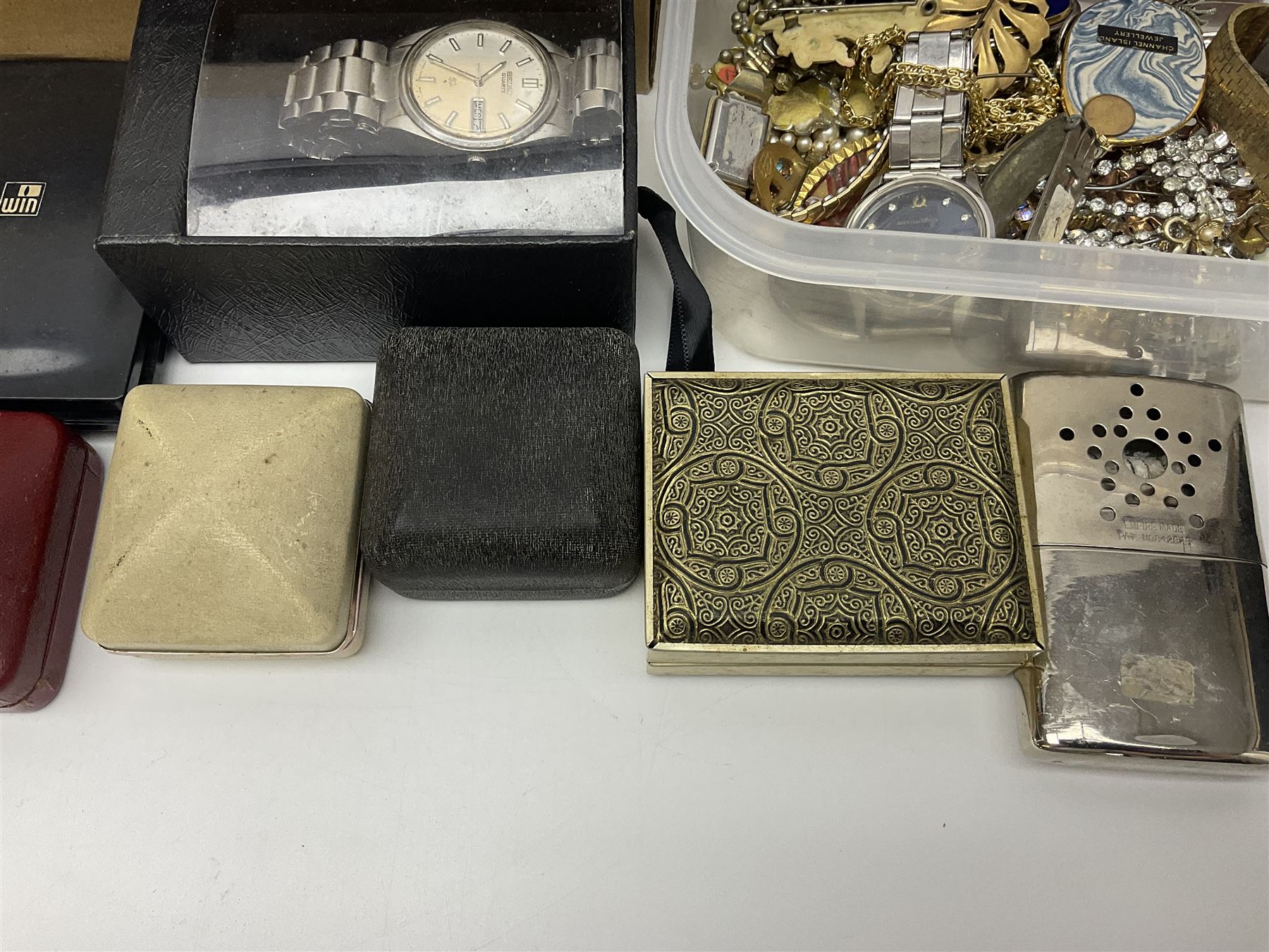Silver jewellery including St Johns Ambulance medal, tiger's eye necklace, identity bracelet, etc, together with Festival of Britain powder compact, Ippag dice lighter, Win International lighter, Victorian and later costume jewellery and wristwatches
