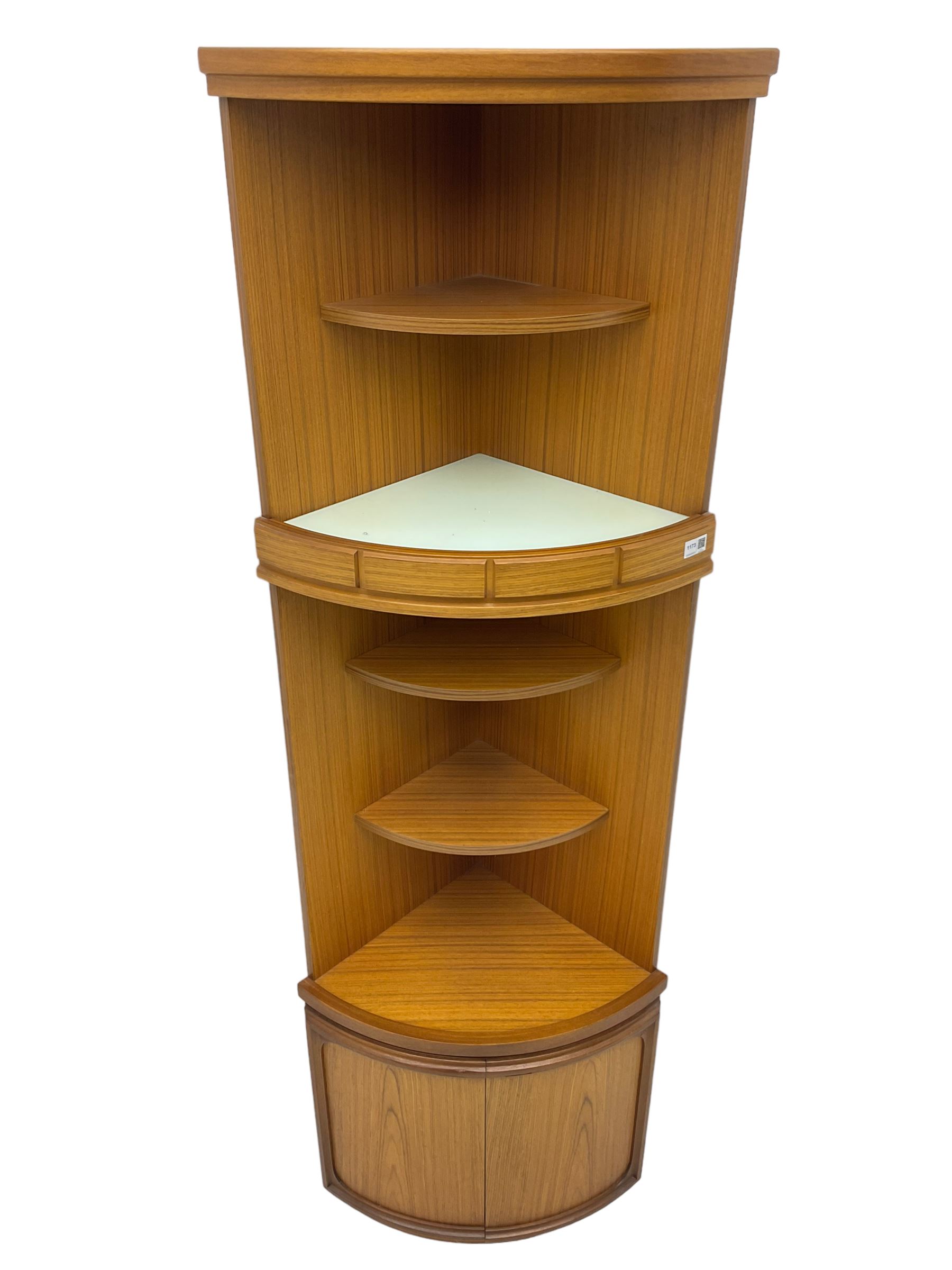 Beautility - mid-20th century teak corner unit, fitted with four shelves over double cupboard