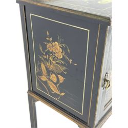 Early 20th century Chinoiserie lacquered lamp cabinet, raised gilt and painted decorated depicting foliate and traditional landscape scenes