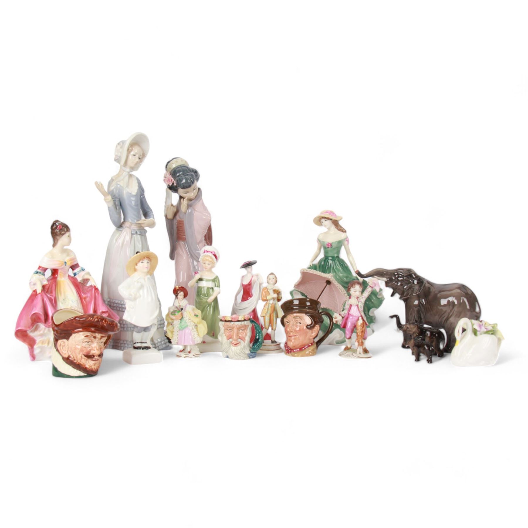 Lladro figures Chrysanthemum, together with Aranjuez Little Lady no 4879, together with  Royal Doulton figures and similar 
