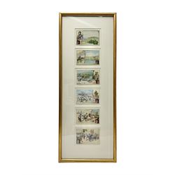 Six original illustrations for Liebig cards, mounted within a gilt frame, frame 71cm, W27cm