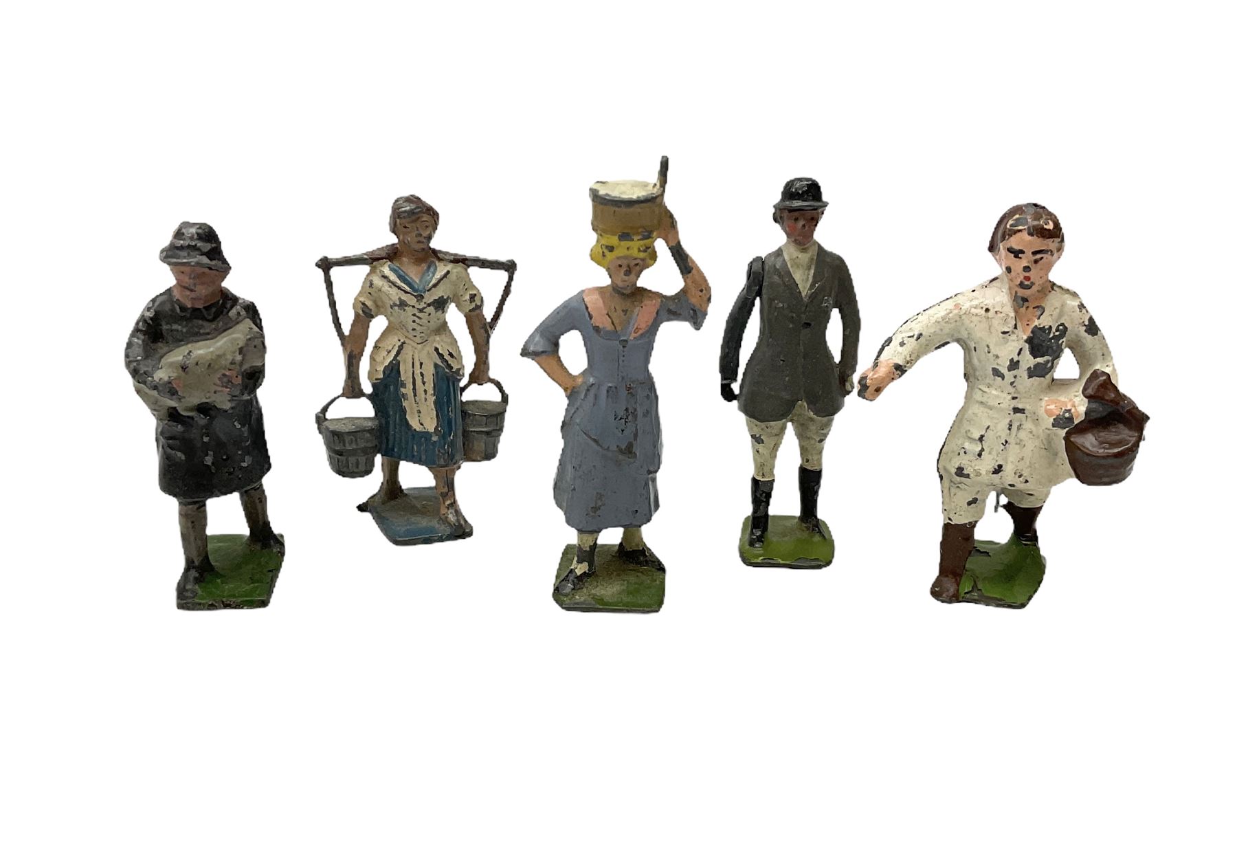 Forty-three lead farm figures by Timpo, Britains, J. Hill & Co etc including farmer, milk maids, farm workers, shepherds, Land Girls, scarecrow etc