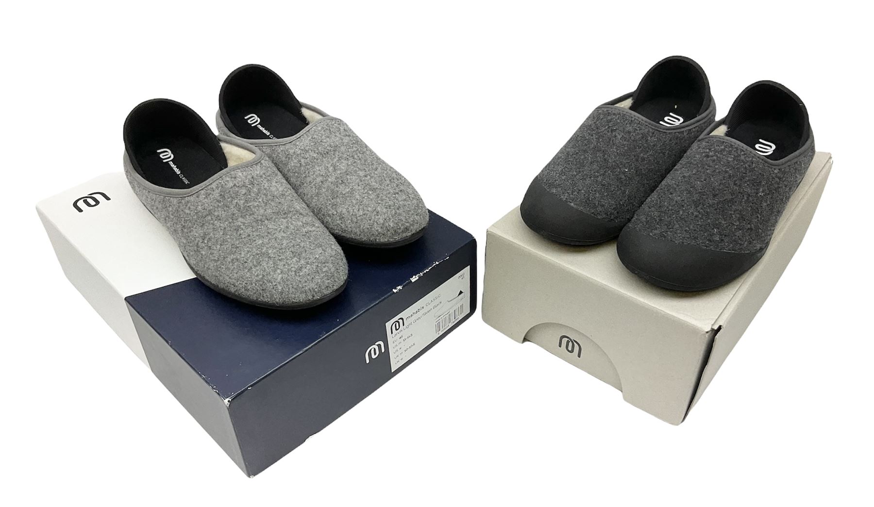 Two pairs of Mahabis slippers, comprising Mahabis curve grey and black slippers size EU42 and Mahabis classic grey and black slippers, both new in box